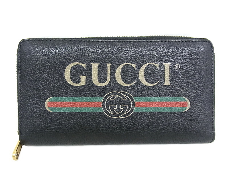 グッチ GUCCI　ラウンドファスナー　長財布　レザー 496317　ヴィンテージロゴプリント　ブラック 【中古】【程度A】【美品】