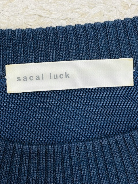 (H01280) サカイラック sacai luck ウール クルーネックニット 切替 レース ドッキングワンピース 1 ネイビー×ダークグリーン_画像3