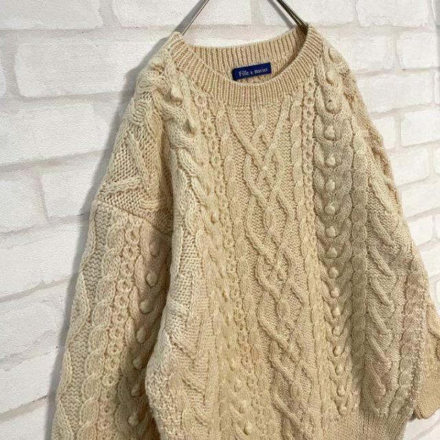 【大人気】vintage フィッシャーマン アランニット セーター アイボリー Lサイズ相当 メンズ レディース ユニセックス ひなの古着 1759