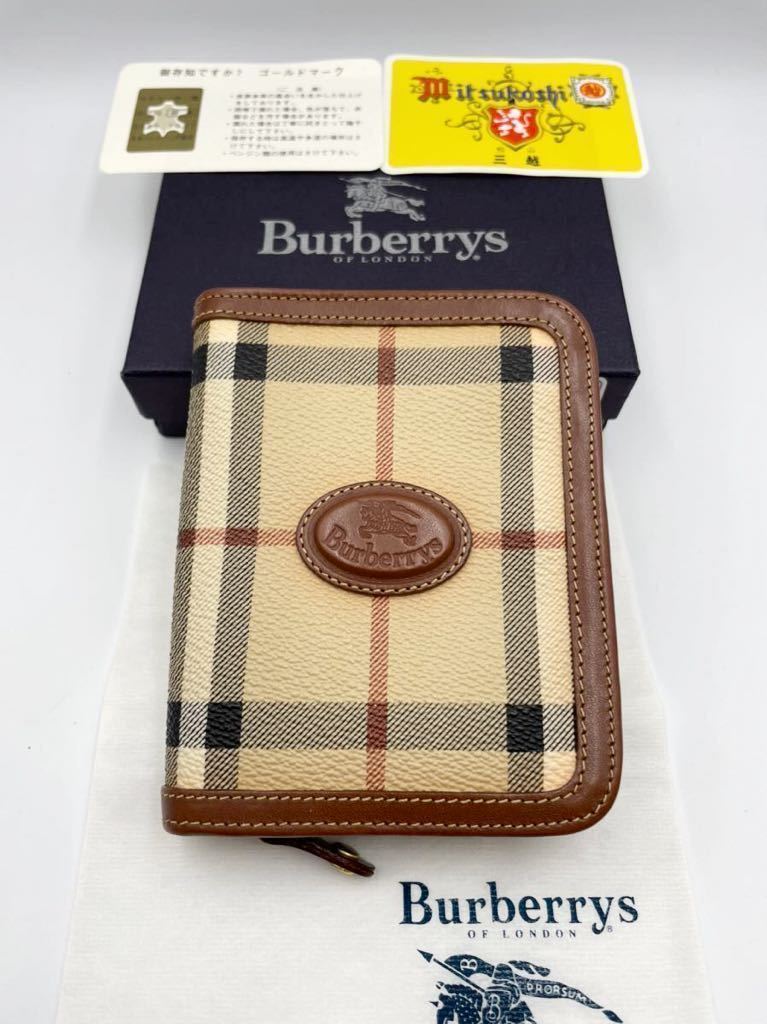 バーバリー　ラウンドファスナー　二つ折り財布　ブラウン×チェック　PVC 未使用品　小銭入れ付き　メンズ　レディース　カードケース