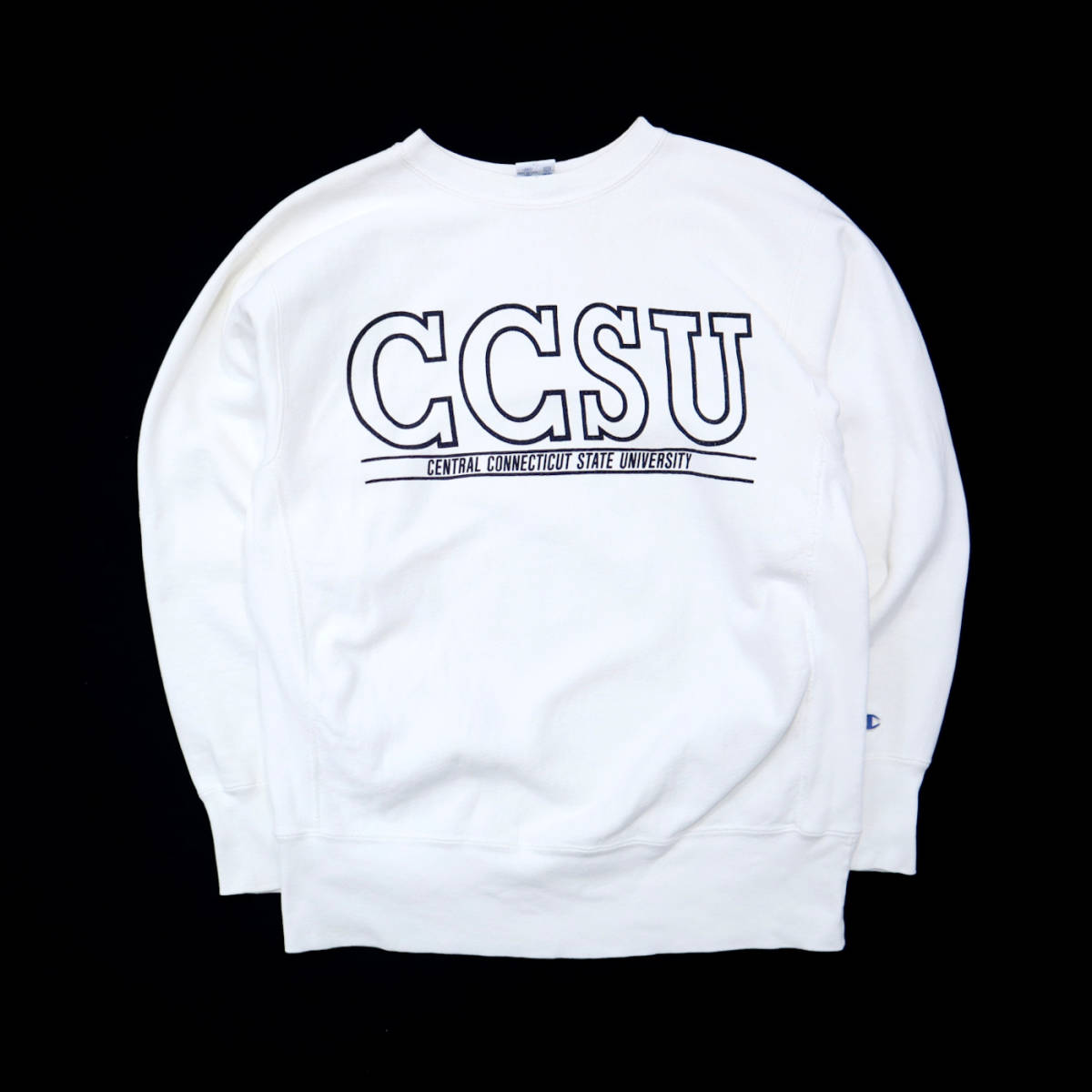 ☆送料無料 90s ビンテージ CHAMPION チャンピオン USA製 リバースウィーブ 白 CCSU 染み込みプリント スウェット カレッジ  メンズ L 古着