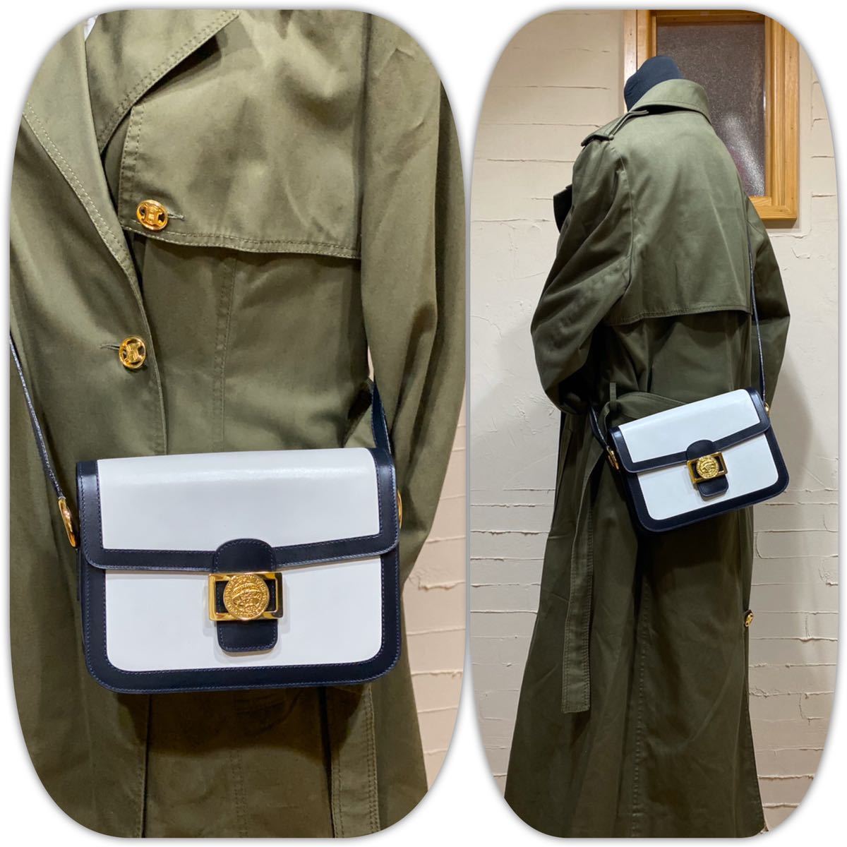 激レア 超美品 VINTAGE OLD CELINE バイカラーショルダーバッグ メダルモチーフ金具 年代物 フラップバッグ ヴィンテージバッグ 斜め掛け_画像4