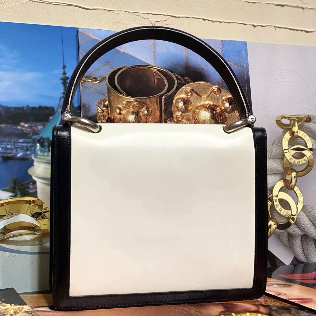 激レア 希少 VINTAGE OLD CELINE バイカラー ダブルフラップ ハンドバッグ ガンチーニ金具 年代物 Wフラップ ヴィンテージバッグ_画像5