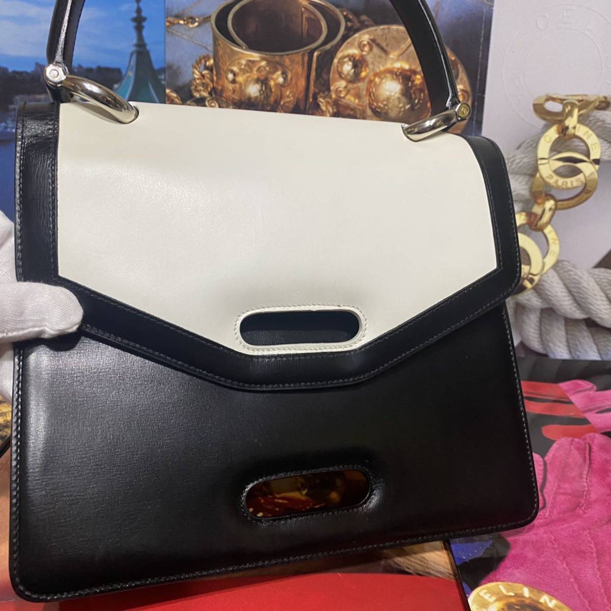 激レア 希少 VINTAGE OLD CELINE バイカラー ダブルフラップ ハンドバッグ ガンチーニ金具 年代物 Wフラップ ヴィンテージバッグ_画像6