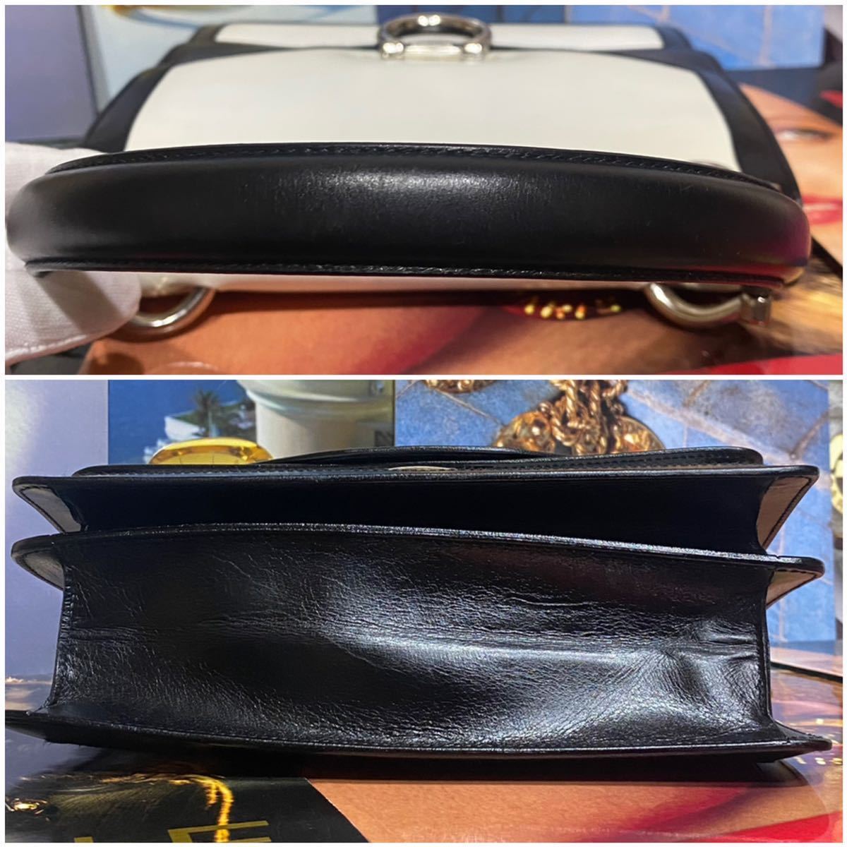 激レア 希少 VINTAGE OLD CELINE バイカラー ダブルフラップ ハンドバッグ ガンチーニ金具 年代物 Wフラップ ヴィンテージバッグ_画像9