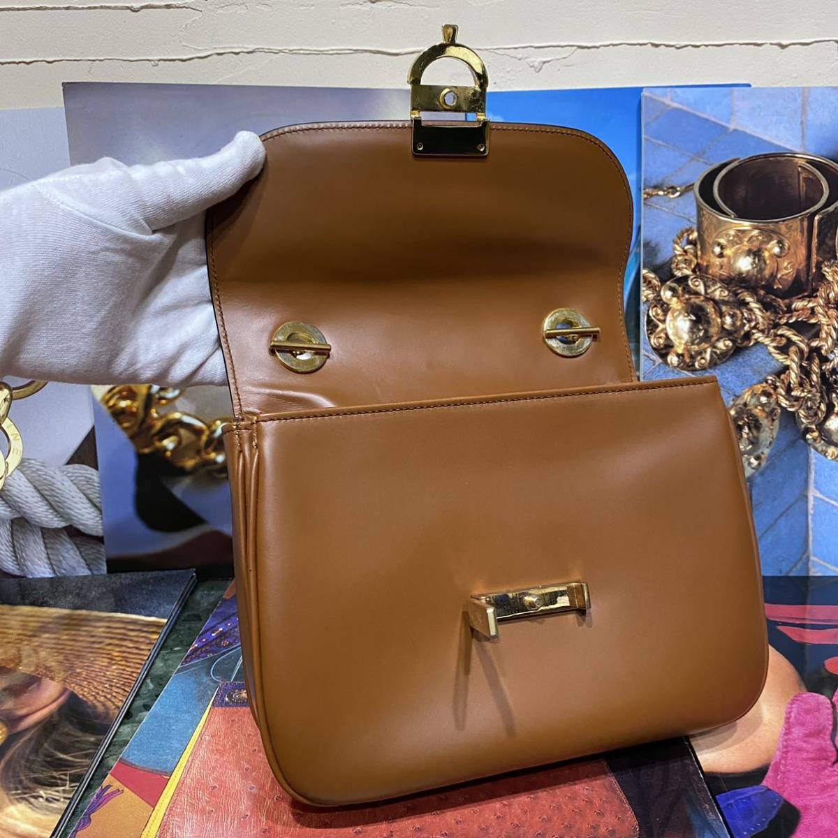 激レア VINTAGE OLD CELINE 2WAY ショルダーバッグ ミニハンドバッグ ホースビット金具 年代物 ヴィンテージバッグ キャメル バイカラー