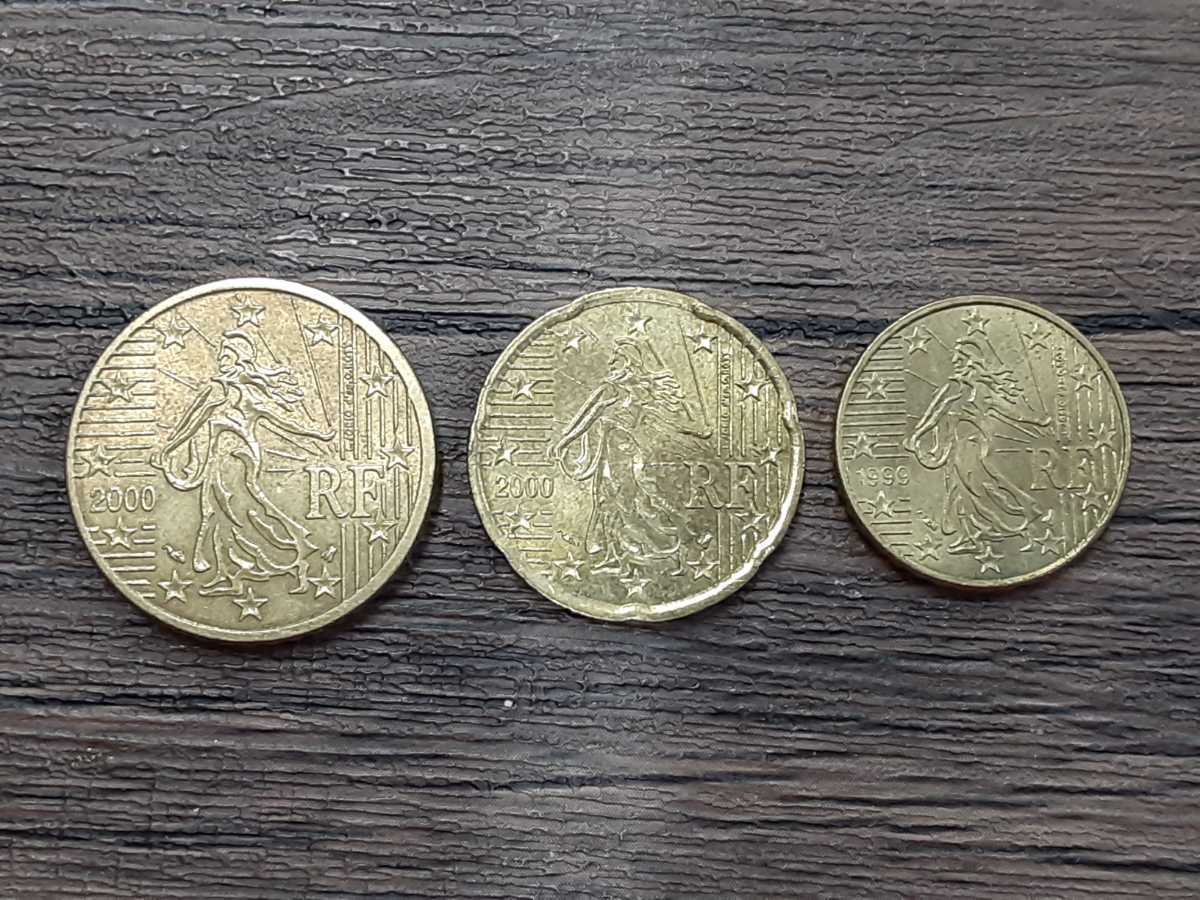 フランス　ユーロ硬貨　50セント　20セント　10セント　各1枚　計3枚_画像1