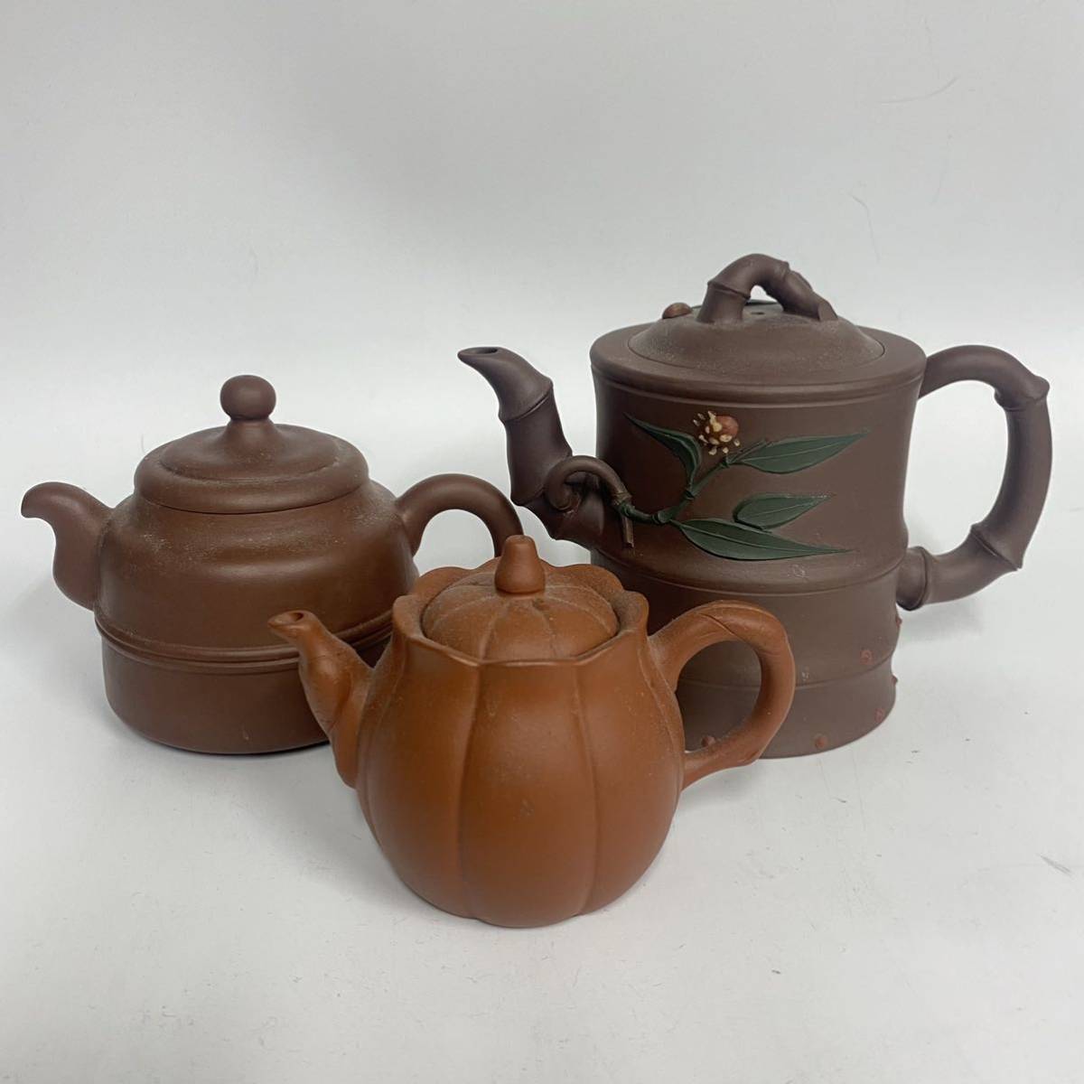 tr0040 唐物 竹節 朱泥 急須 中国宜興 3点セット 在銘 紫砂 煎茶道具