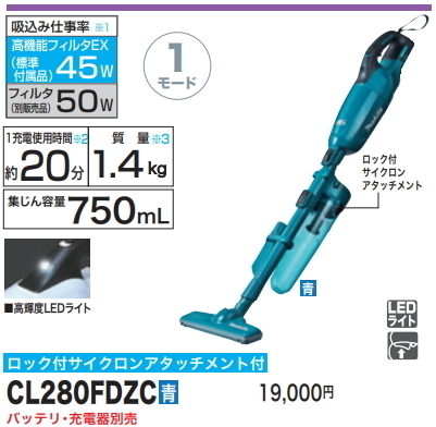 掃除機 コードレス マキタ 充電式クリーナ CL280FDZC 青 本体+ロック付サイクロンアタッチメント付 18V 新品