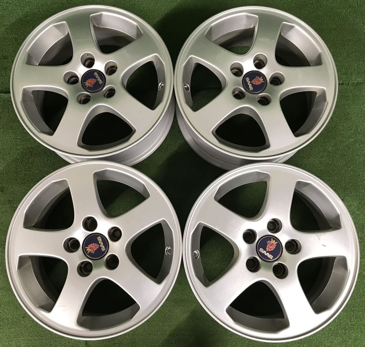 ★SAAB サーブ 純正 15インチ 110/5H ★15×6.5J +41 PCD110 5穴 ハブ径:約67mm 4本Set 中古アルミ シルバー系 5本スポーク ★送料無料_画像1