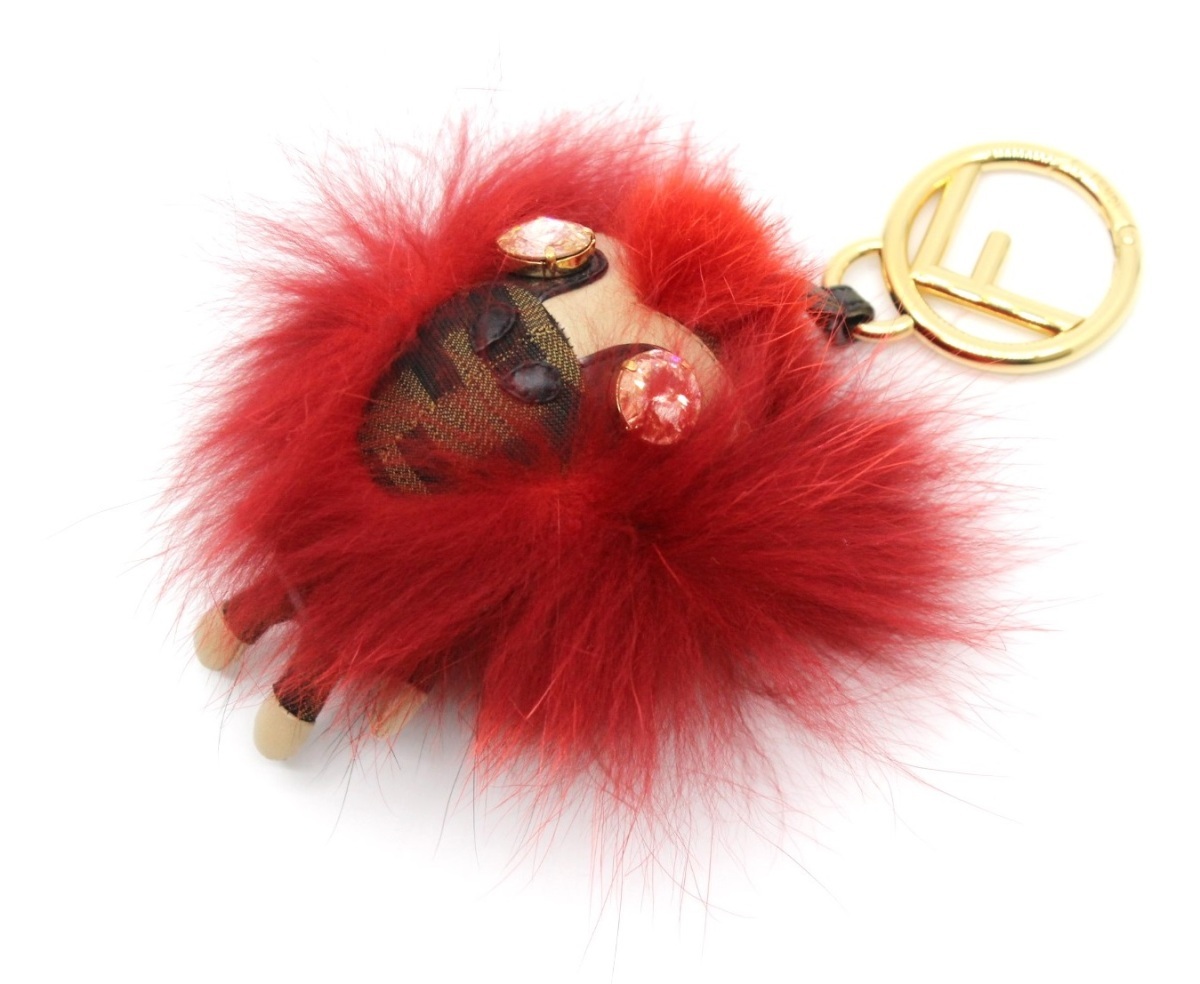  Fendi Space Monkey 7AR674 charm Zucca pattern red Gold metal fittings key ring holder hook 