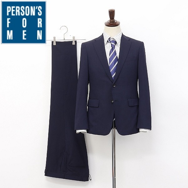 PERSON'S FOR MEN/パーソンズ フォー メン 2パンツ付 シャドーチェック柄 2B シングル スーツ ネイビー YA4