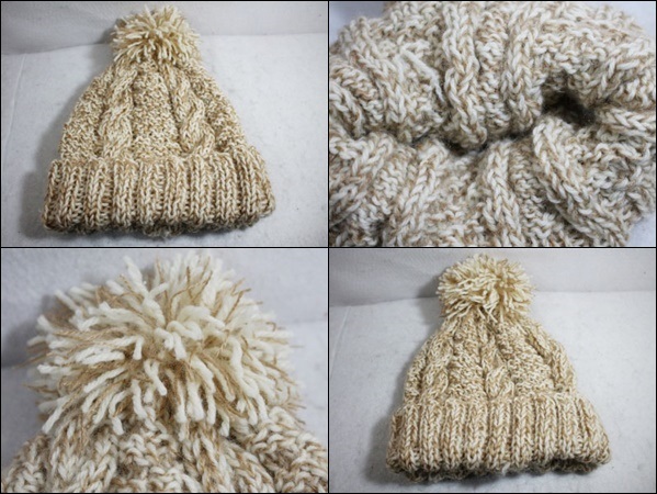 ハンドメイド ウール ニット帽 ニットキャップ 手編み 白 茶 手作り 帽子 SN70_画像3