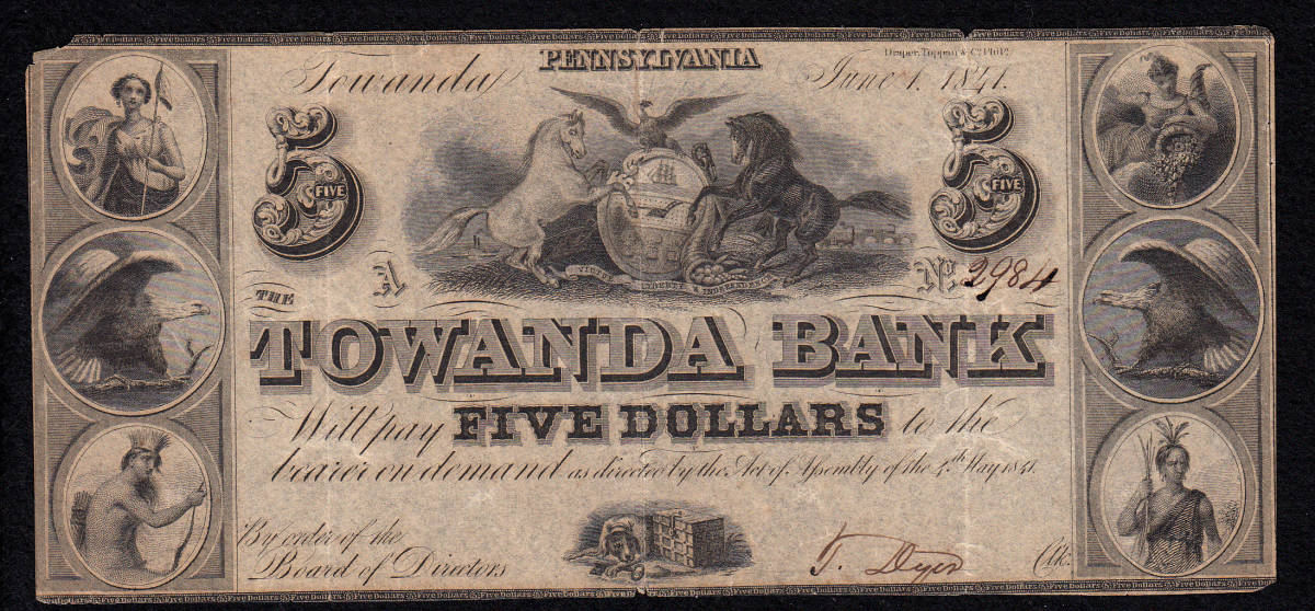 アメリカ南北戦争期紙幣 TOWANDA BANK 5ドル（1841）[515] 世界