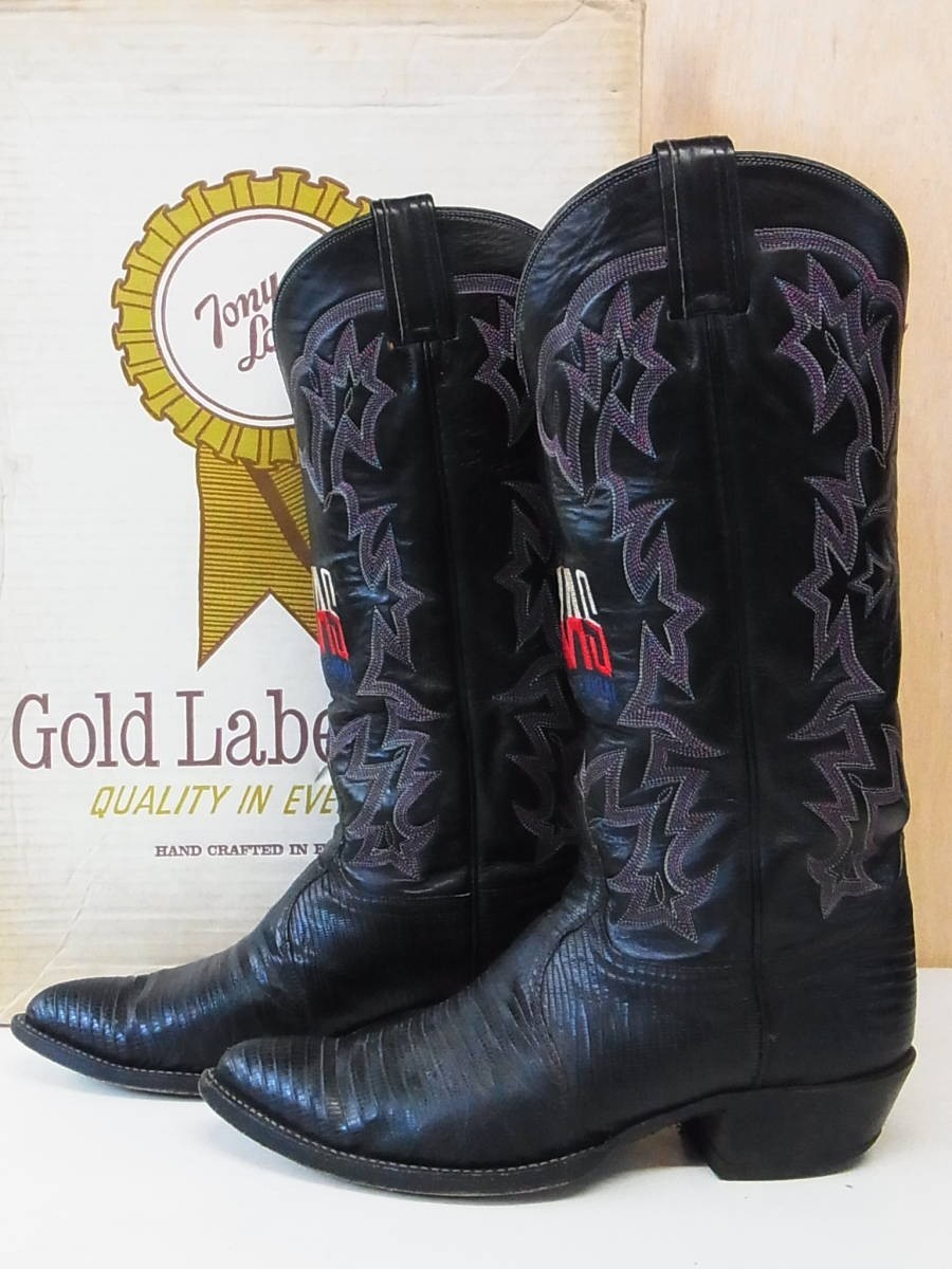 TS excellent TONYLAMA Tony Lama Vintage black tag TEXAS embroidery Lizard leather switch western boots black 8.5E shoes 