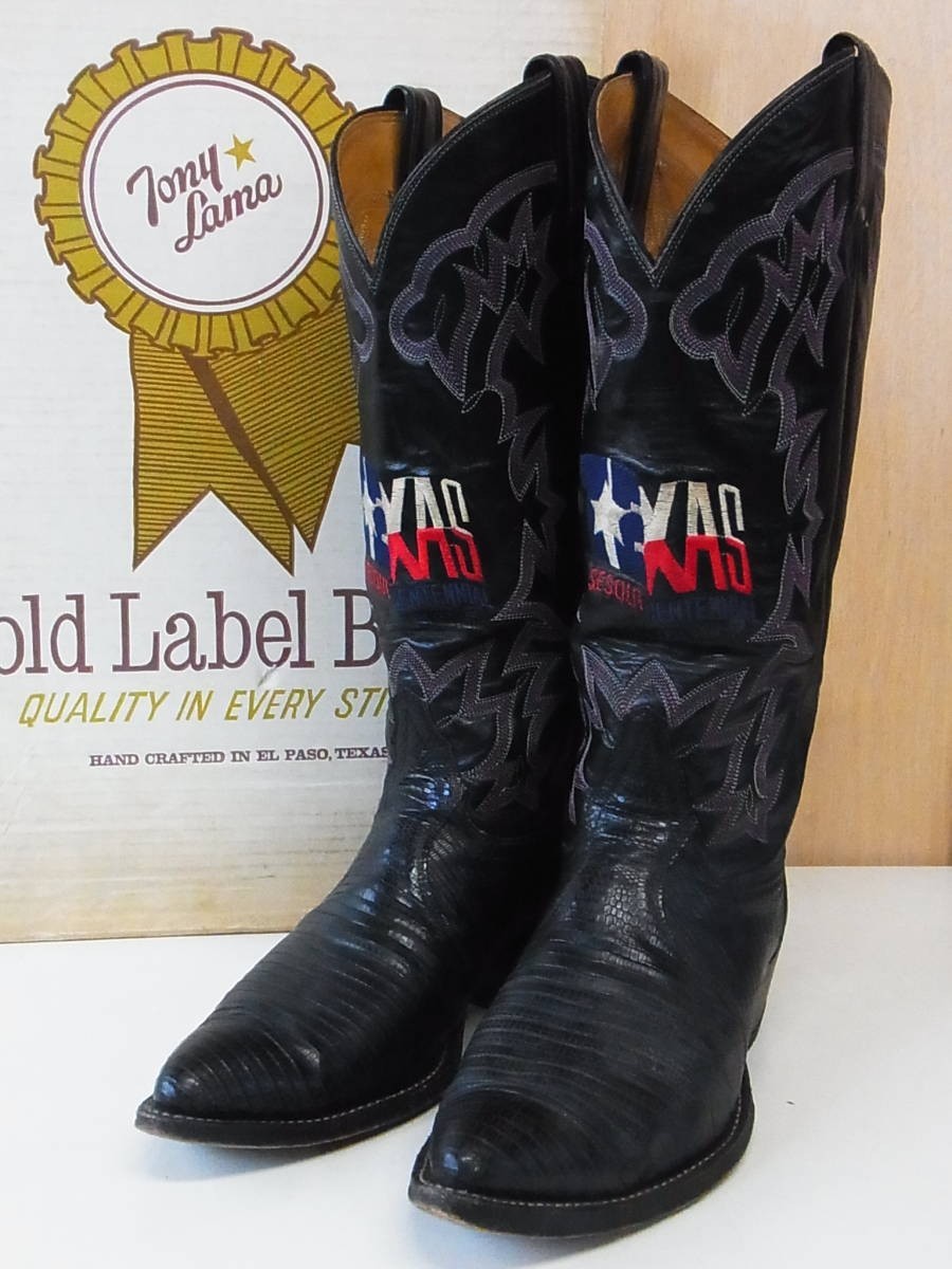 TS excellent TONYLAMA Tony Lama Vintage black tag TEXAS embroidery Lizard leather switch western boots black 8.5E shoes 