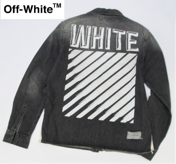 正規品 15AW OFF-WHITE ダイアゴナルプリント ダメージ加工 デニム
