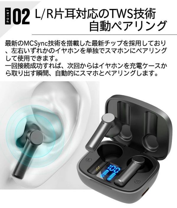 最新版 Bluetooth 5.0 ワイヤレスイヤホン 30時間再生 CVC8.0ノイズキャンセリンク L/R片耳対応 LED電池残量　IPX5防水_画像3