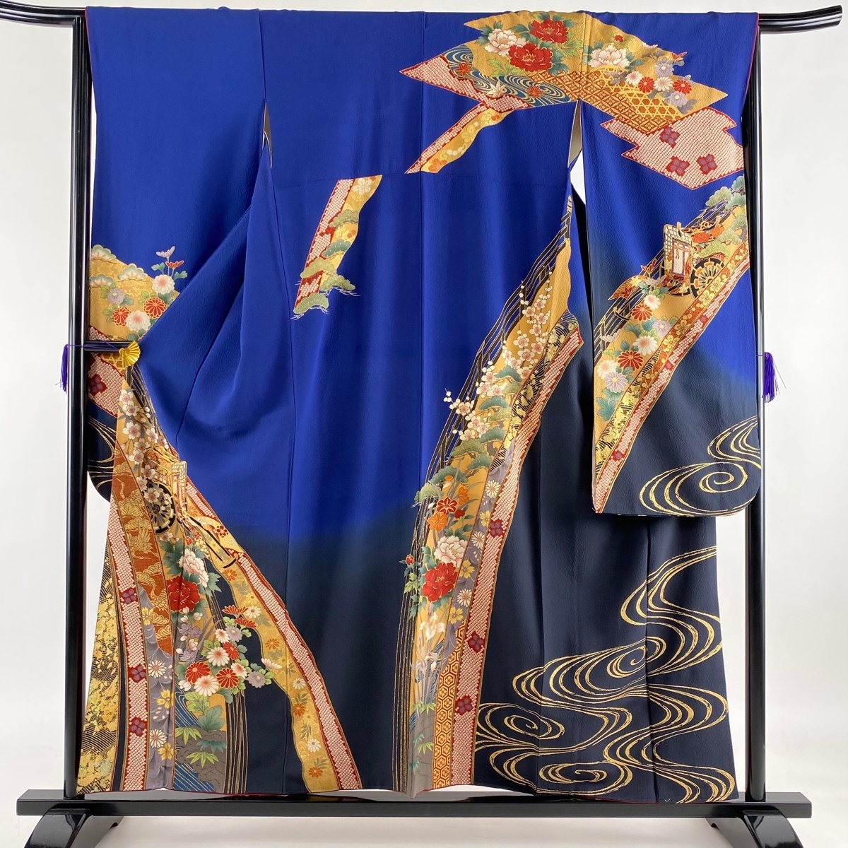 振袖 美品 名品 御所車 草花 金糸 金彩 青 袷 身丈156cm 裄丈64.5cm M