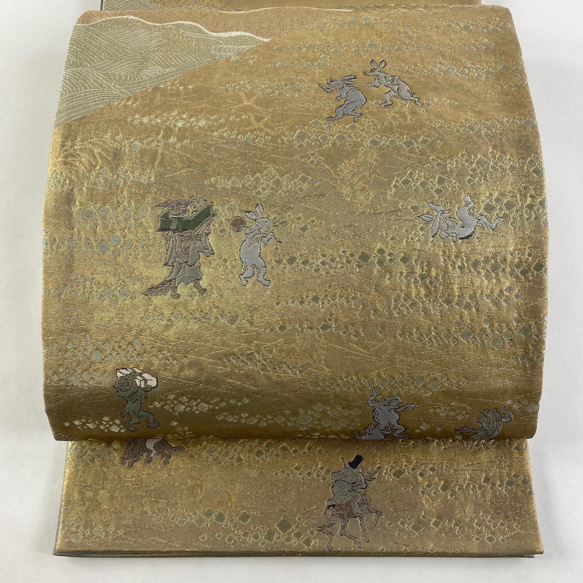袋帯 美品 名品 落款 松尾光琳 鳥獣戯画 金糸 箔 金色 お太鼓柄 正絹