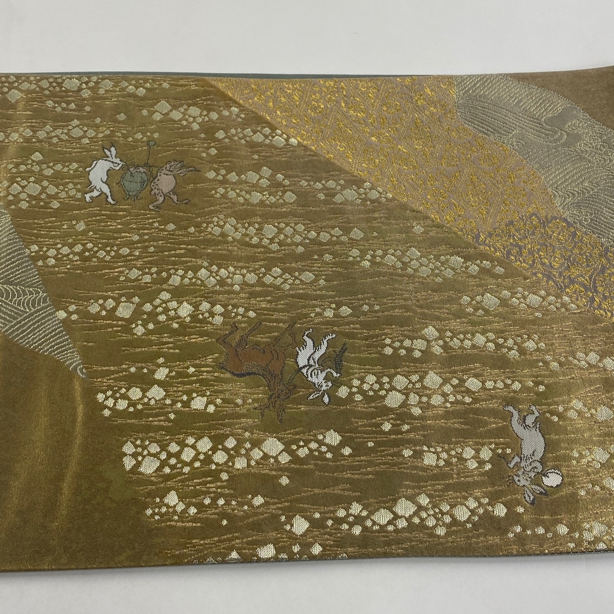 袋帯 美品 名品 落款 松尾光琳 鳥獣戯画 金糸 箔 金色 お太鼓柄 正絹