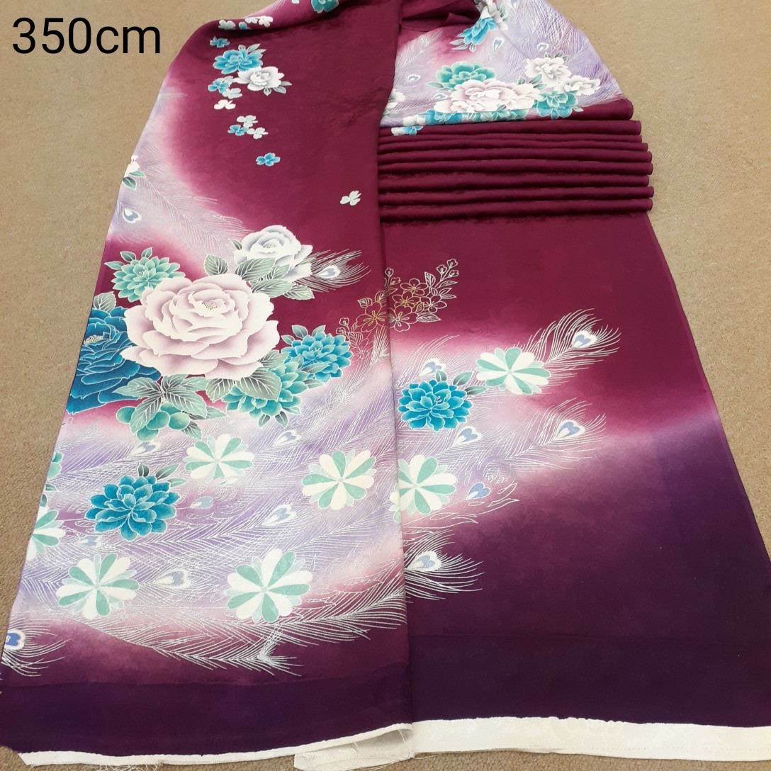 020305　正絹　赤紫色　花柄　孔雀　シルク350cm　はぎれ　ハギレ　リメイク　ハンドメイド