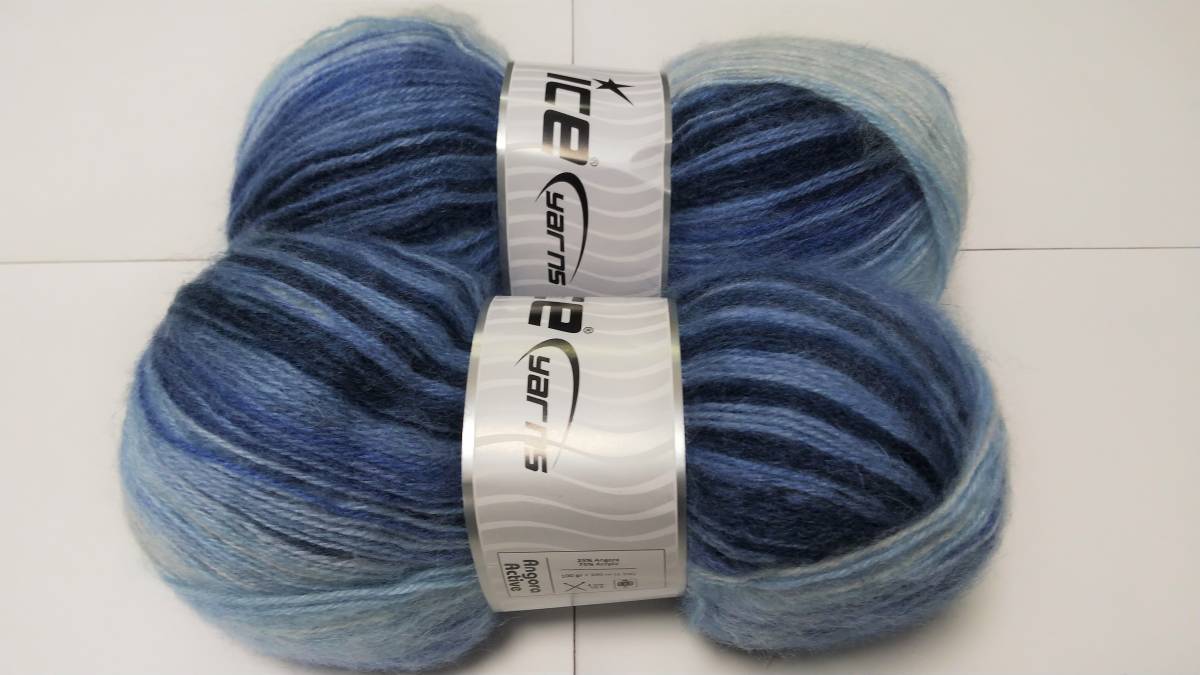 輸入 毛糸　Ice Yarns　アンゴラアクティブ　アンゴラ25％　アクリル75％　100ｇ×2個セット　ブルー＆ホワイト　トルコ　海外_画像5