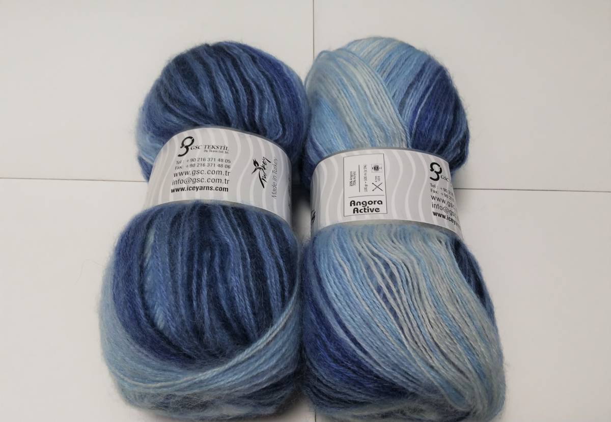 輸入 毛糸　Ice Yarns　アンゴラアクティブ　アンゴラ25％　アクリル75％　100ｇ×2個セット　ブルー＆ホワイト　トルコ　海外_画像6