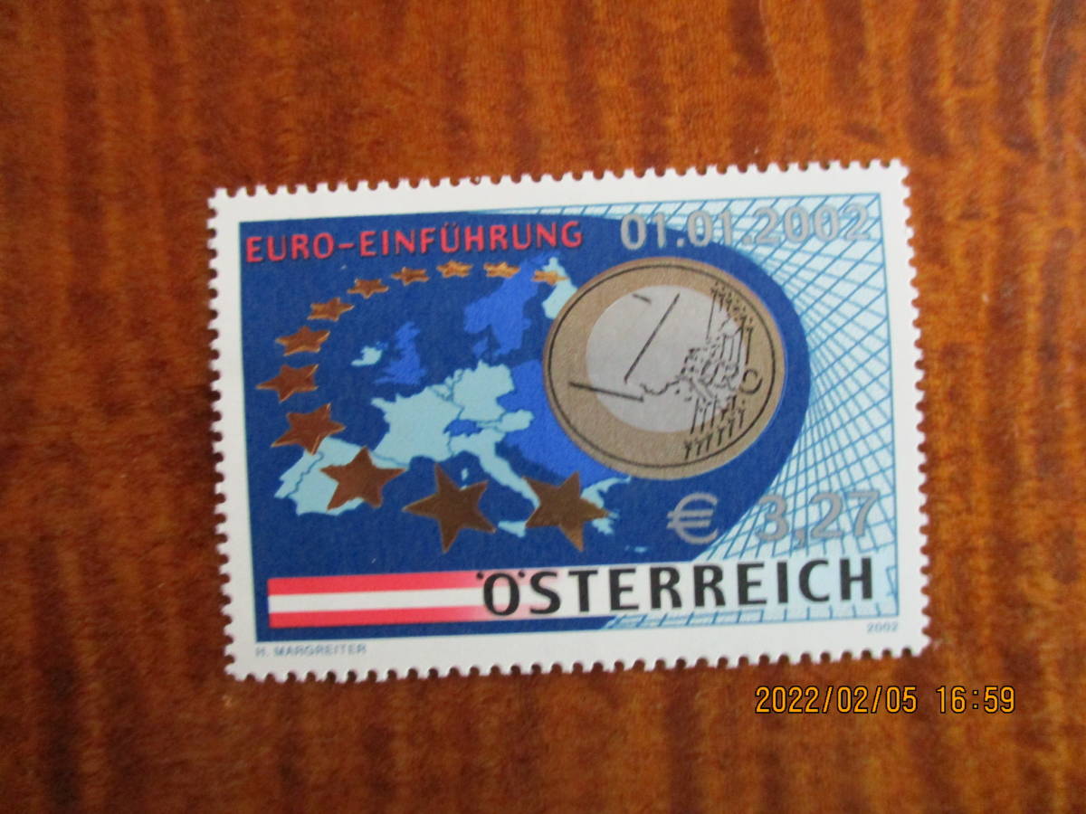 ユーロ導入の日記念ー欧州の地図とユーロ　１種完　未使用　2002年　オーストリア共和国　VF/NH 　額面3.27ユーロ_画像1