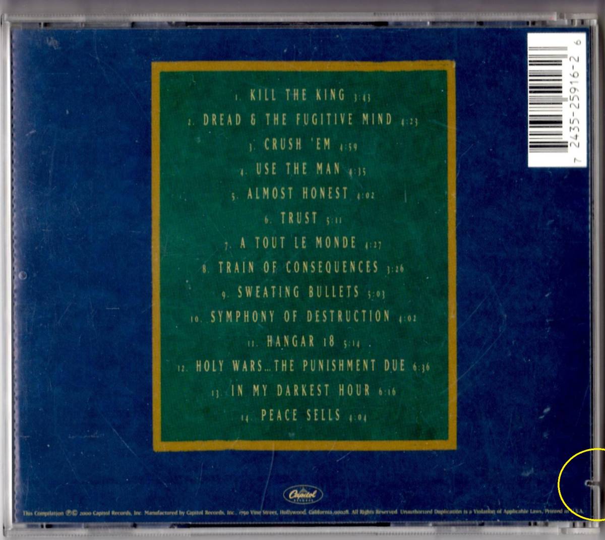 Used CD 輸入盤 メガデス Megadeth『キャピトル・パニッシュメント:ザ・メガデス・イヤーズ』傷有り- Capitol Punishment (2000年)全14曲の画像2