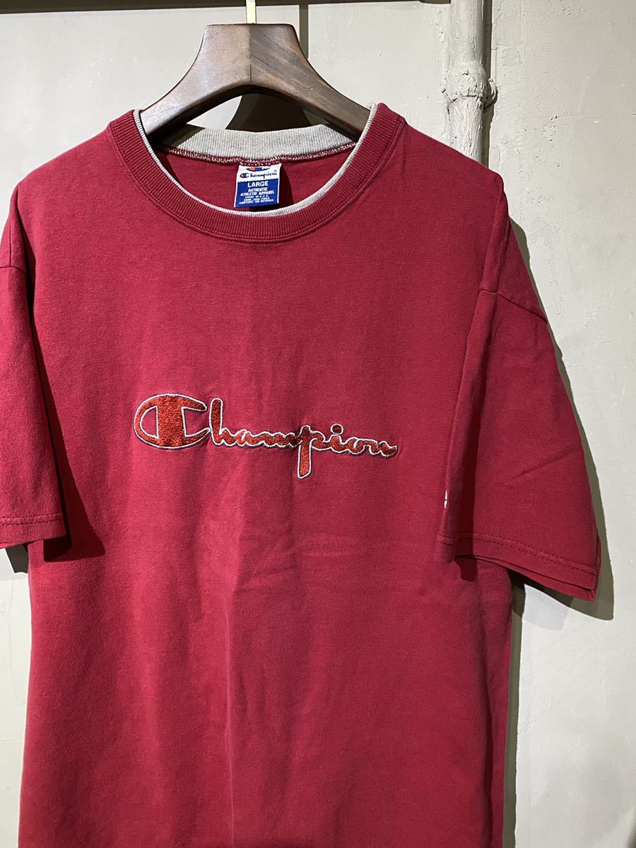 【即決】90s Champion Tシャツ スクリプトロゴ 刺繍チャンピオン ピンク 2トーン ツートン 半袖 Tee USA アメリカ製 L オールド 古着