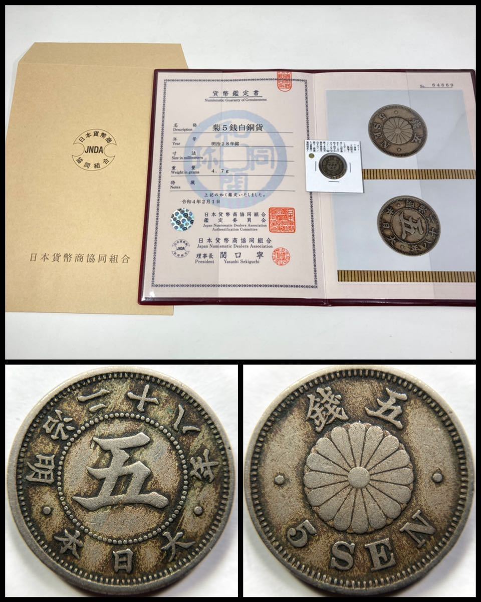 古銭【大特年号】菊5銭白銅貨 明治28年☆JNDA(日本貨幣商協同組合)鑑定