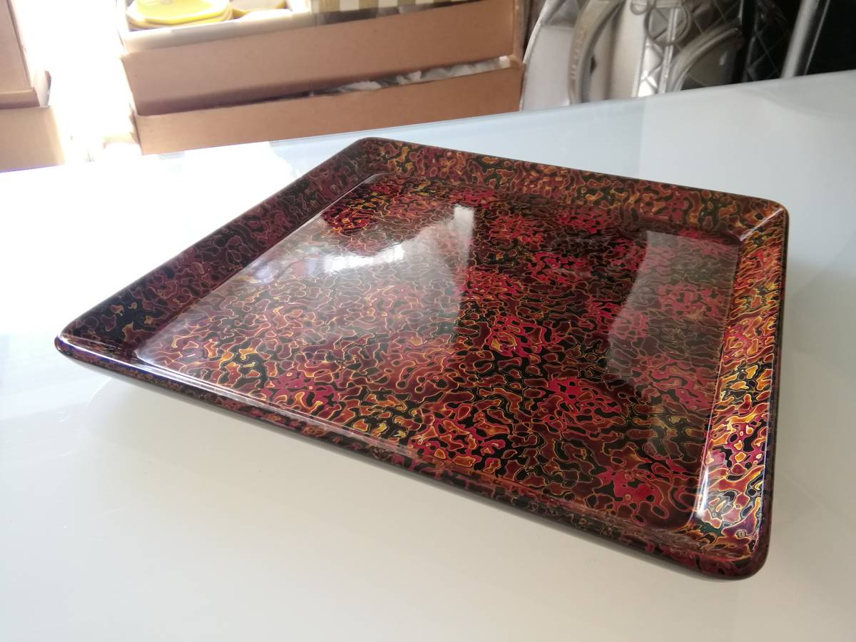 新品 未使用品 津軽塗 うるし塗装 角盆 天然木 伝統工芸 青森県漆器協同組合連合会 25×25㎝