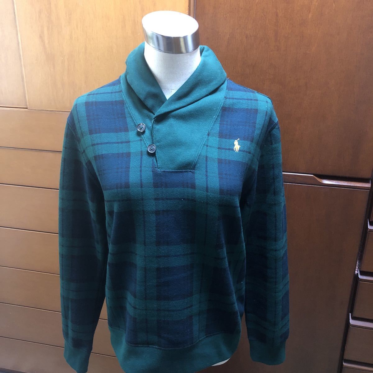 新品未使用 ネット完売品POLO RALPH LAUREN キッズ　ボーイズ　ショールカラー　グリーンチェック　裏起毛トレーナー L160cm 2021年秋冬