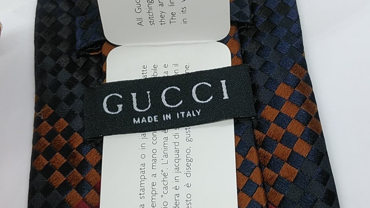 未使用 タグ付 GUCCI グッチ 格子 チェック シルクネクタイ