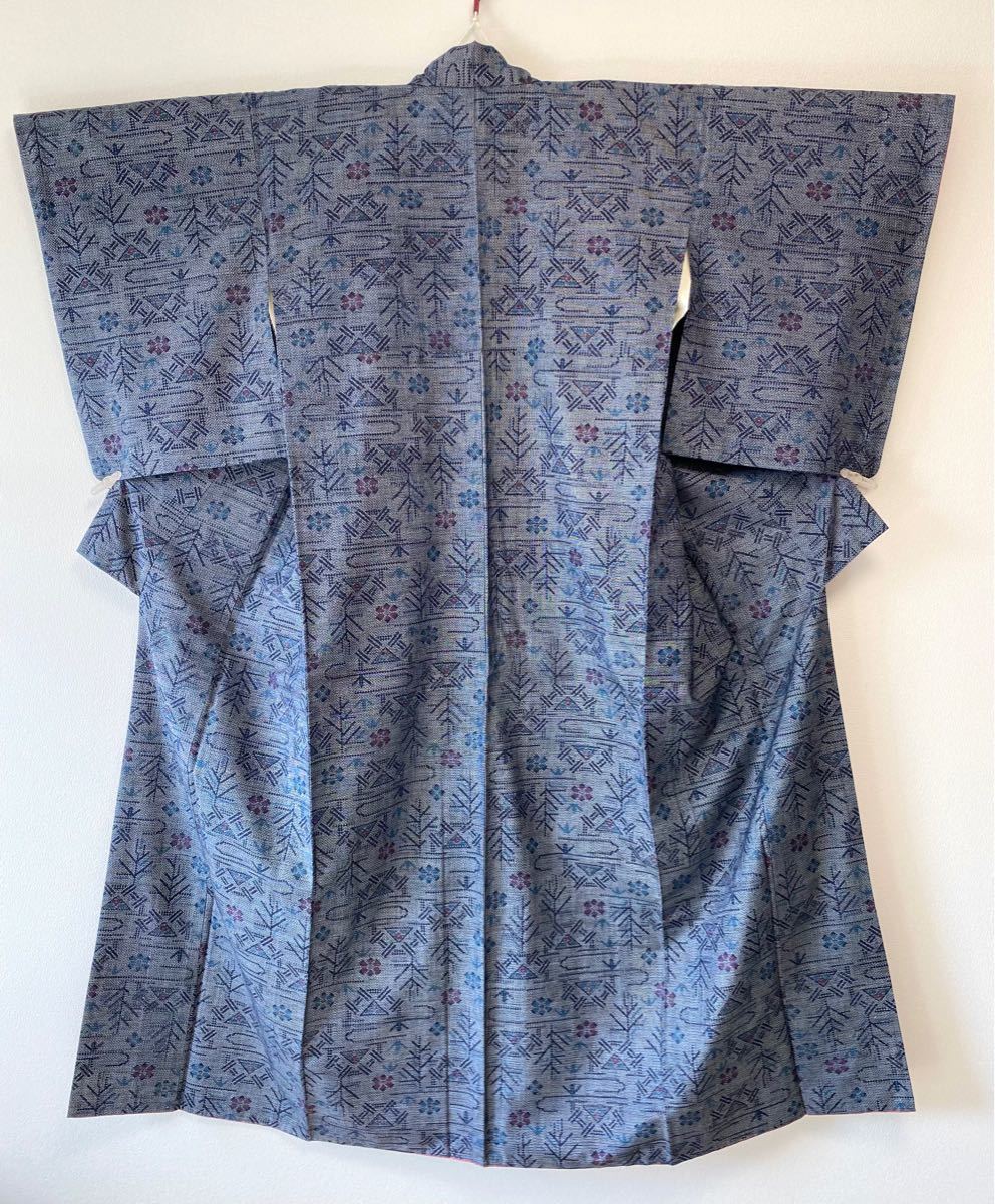 美品】正絹 紬 大島調 小紋風 おしゃれ着 普段着 紺 藍色 レトロ