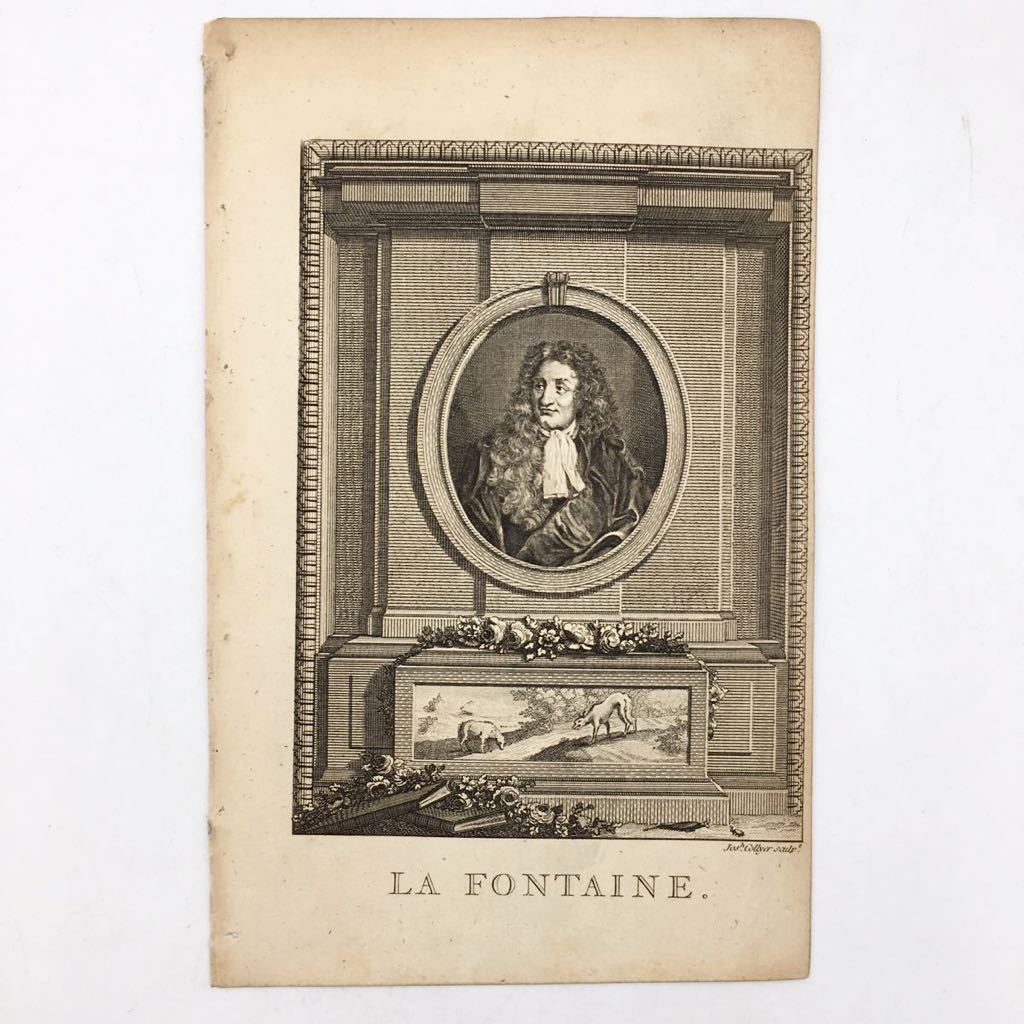 【銅版画】 ジャン・ド・ラ・フォンテーヌの肖像画　Joseph Collyer　1770年代　イギリス　大英博物館所蔵　アンティーク　博物画