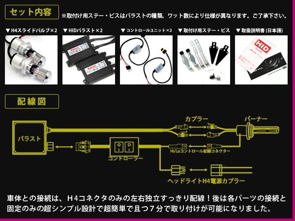 送料無料 HIDキット薄型 H4リレーレス HI/LOスライド 35w/10000k_画像3