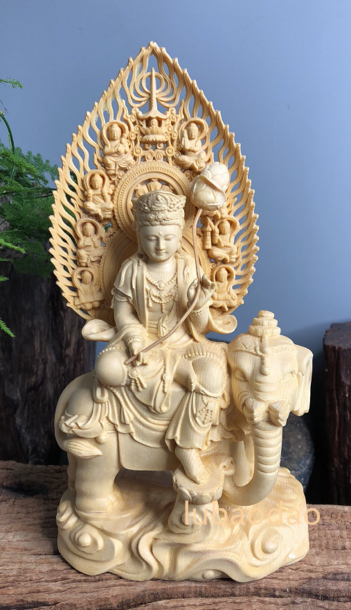 極上質 仏陀彫刻 文殊菩薩 普賢菩薩 座像一式 木製仏像 仏教美術品-