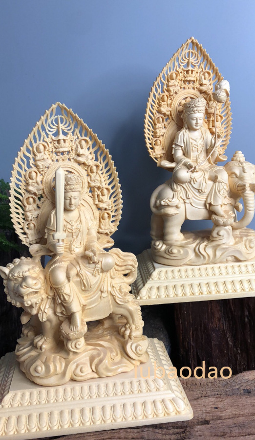 極上質 仏陀彫刻 文殊菩薩 普賢菩薩座像一式 木製仏像 仏教美術品