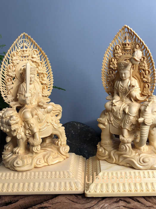 極上質 仏陀彫刻 文殊菩薩 普賢菩薩座像一式 木製仏像 仏教美術品