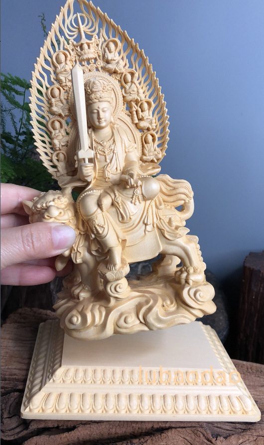 極上質 仏陀彫刻 文殊菩薩 普賢菩薩座像一式 木製仏像 仏教美術品