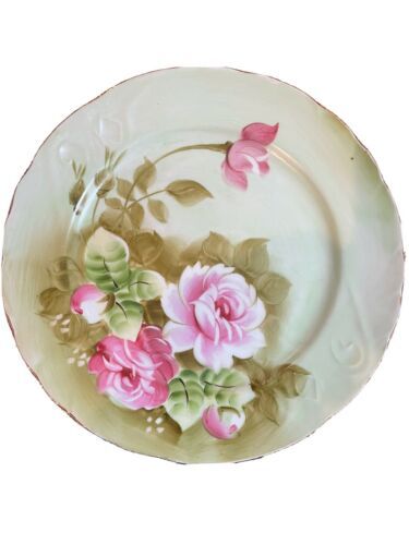 Vintage Lefton China Green Heritage Rose 9 Dinner Plates Gold Trim Edge 海外 即決
