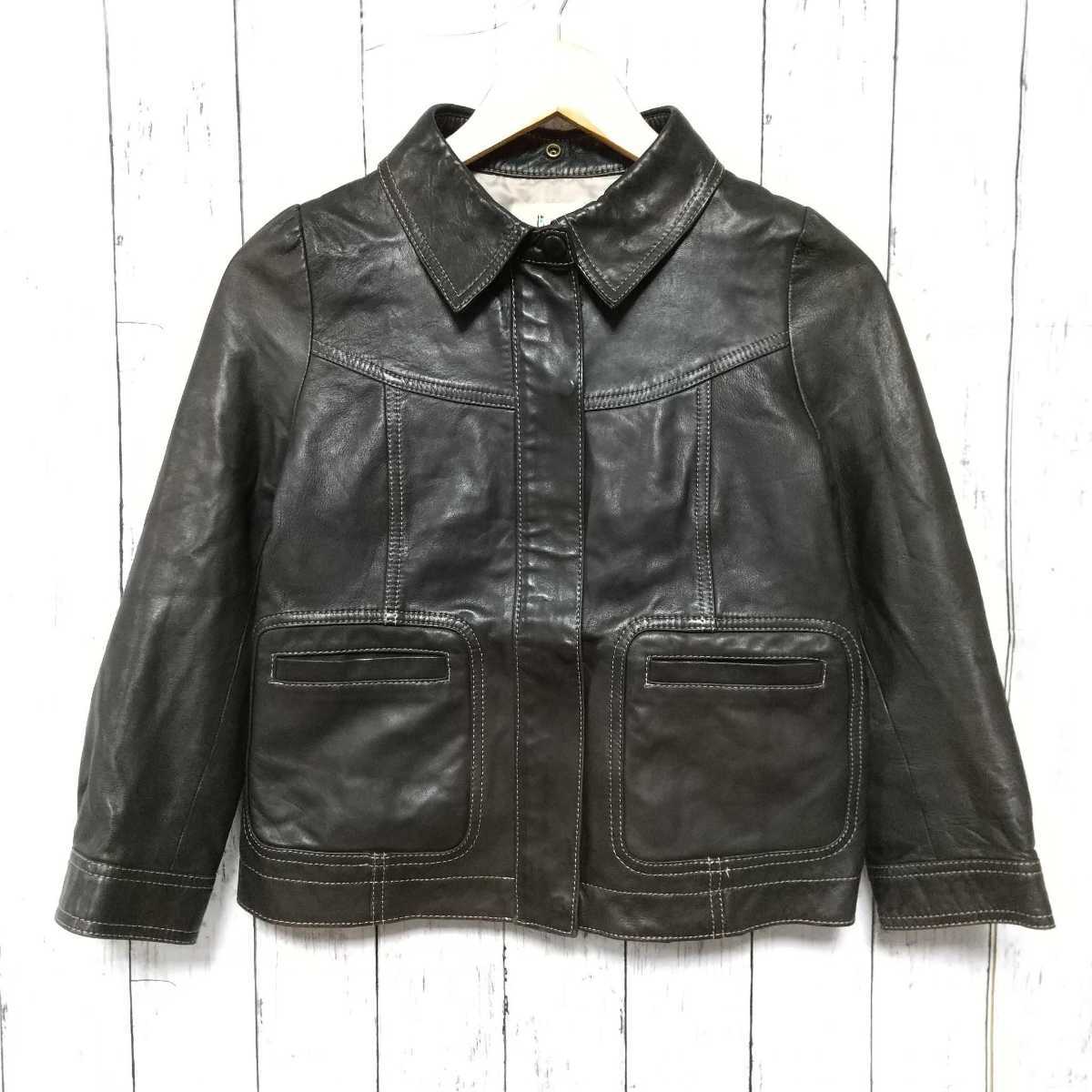 F3986UL*KUMIKYOKUk Miki .k* size 2 S rank leather jacket jacket 7 minute sleeve brown group lady's collar attaching Onward . mountain Kumikyoku 