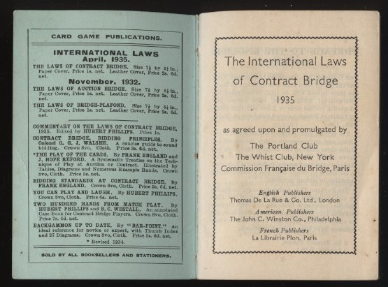 コントラクトブリッジ　ルールガイドブック 小冊子1冊 1935年　：THE LAWS OF CONTRACT BRIDGE London Thomas De La RUE＆Co.LTD_画像2