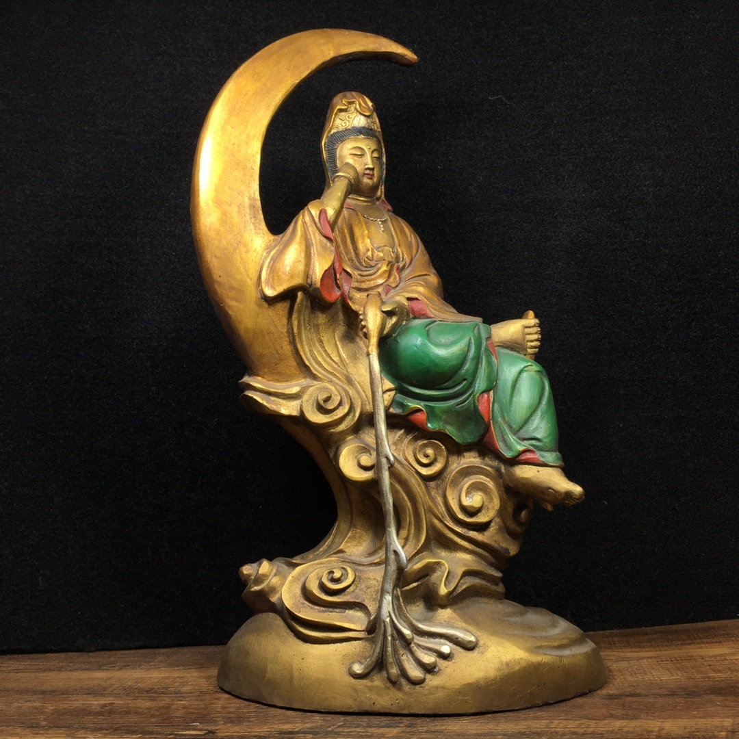 【良好品】 【聚寳齋*銅製*彩繪 時代物 中国古美術 超美品 賞物 月亮觀音】置物 仏像 【良好品】 【聚寳齋*銅製*彩繪 時代物 中国古美術 超美品 賞物 月亮觀音】置物 仏像