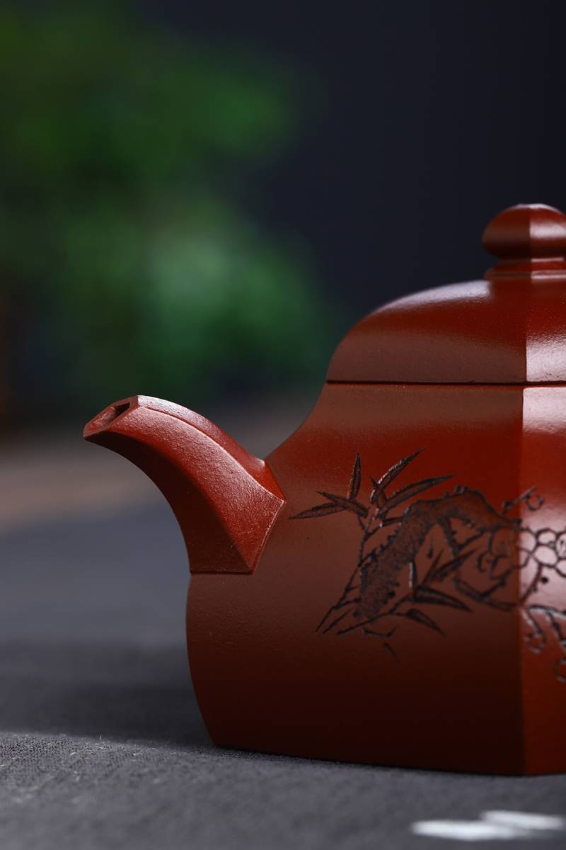 【聚寶齋*紫砂精彫*六方潘壺】希少珍品 茶壺 茶道具 中国時代美術 容量:260cc_画像7