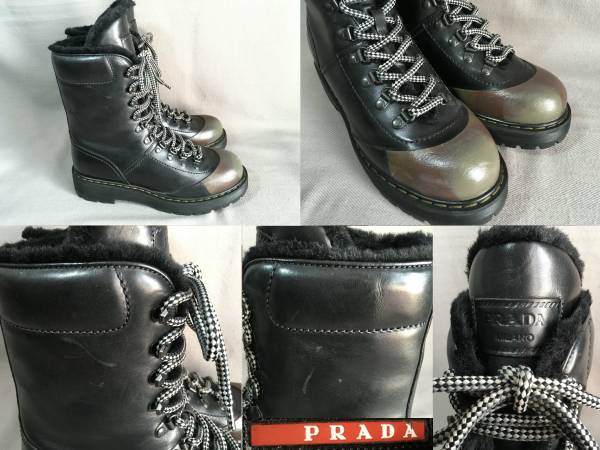 新品 プラダ 最高級 レザー マウンテン ブーツ 40 黒 ブラック PRADA ラバー 本革 ファー ムートン