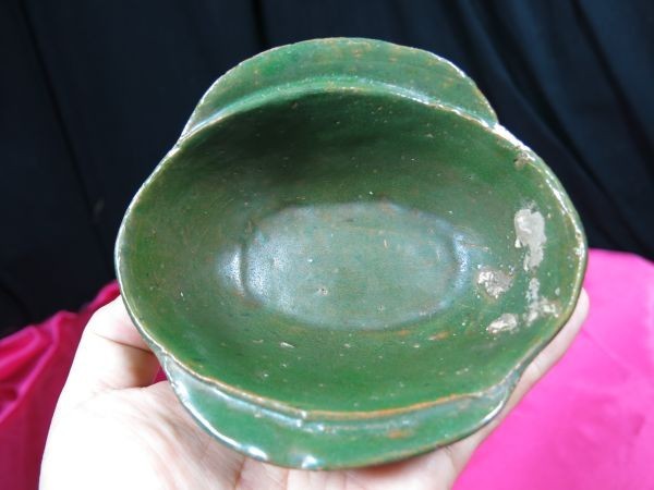 優待特典一覧 遺跡発掘品 1~2世紀 安南緑釉耳盃 B 陶器 釉薬(唐 珍品 明器 唐