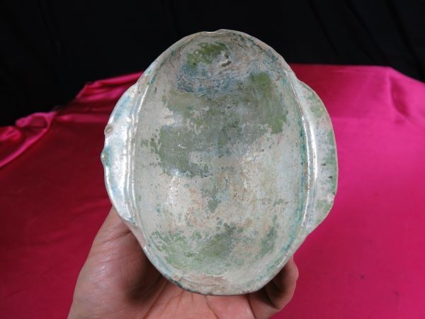 B　漢緑釉耳杯　漢時代　中国　遺跡発掘品　明器　副葬品　陶器　釉薬　銀化_画像2